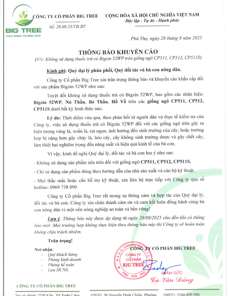 THÔNG BÁO KHUYẾN CÁO KHẨN(V/v: Không sử dụng thuốc trừ cỏ Bigzin 52WP trên các giống ngô CP511, CP512, CP511S)